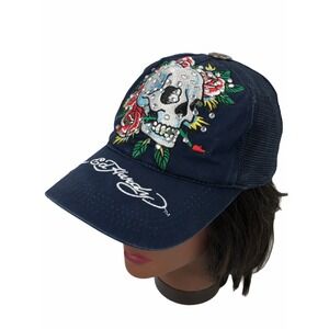 Don Ed Hardy Womens SnapBack Blue Embroidered Cotton Nylon Skull Roses Rare